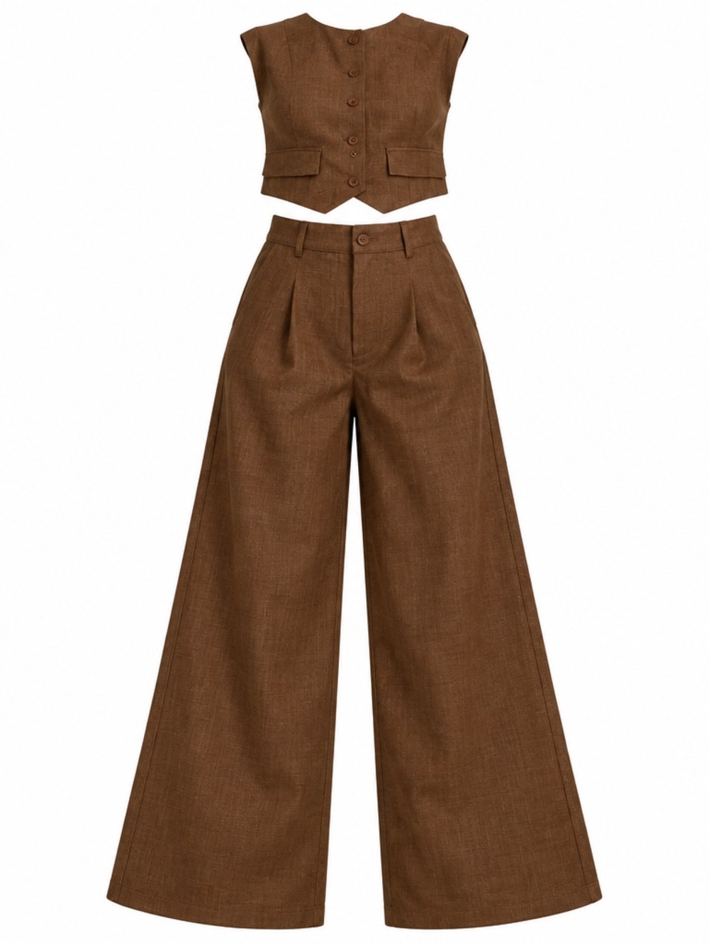 Women’s Brown Wide-Leg High-Waist Trousers with Matching Vest Size M